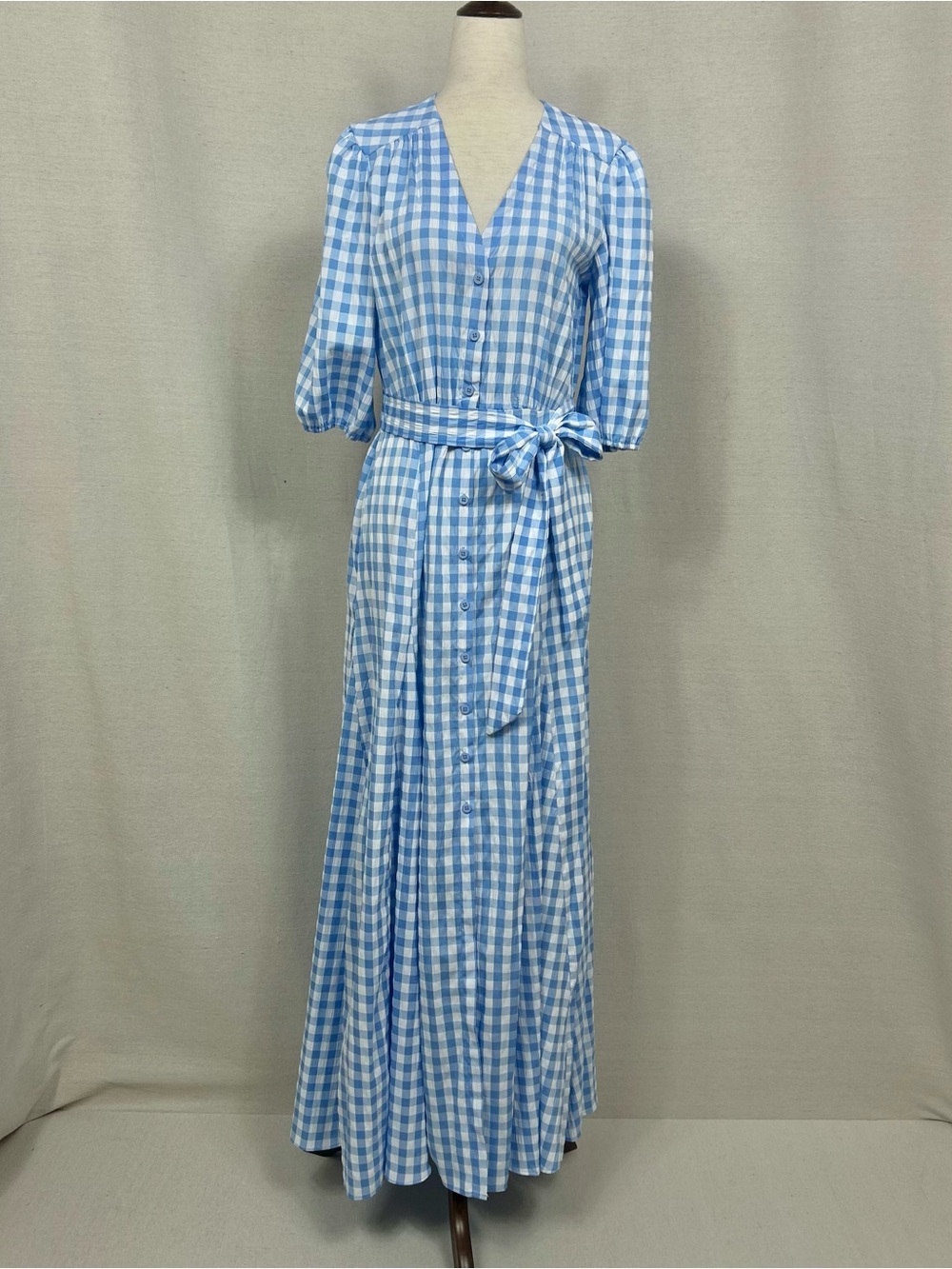 Taylor Blue and White Gingham Maxi Dress with Tie Waist